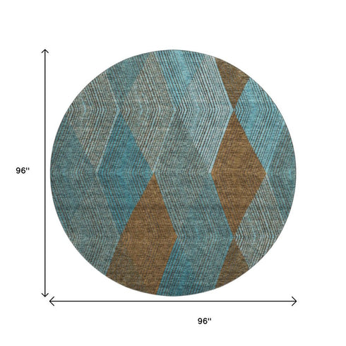 8' Teal And Brown Geometric Washable Round Rug With UV Protection
