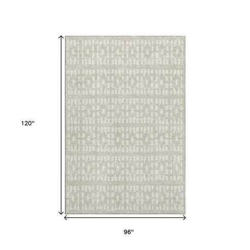 8' X 10' Beige And Ivory Geometric Washable Area Rug With UV Protection