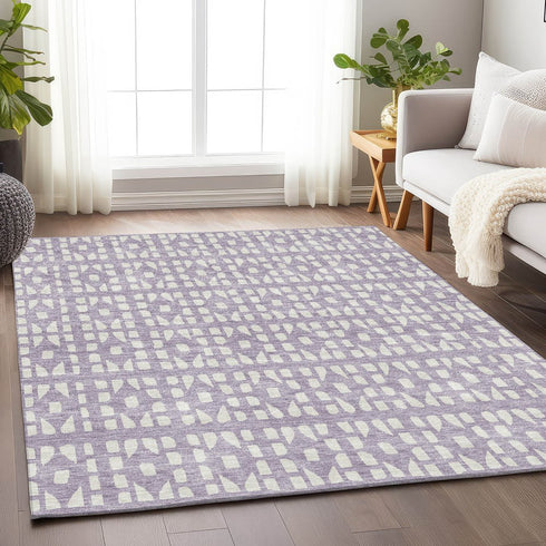8' X 10' Lavender And Ivory Geometric Washable Area Rug With UV Protection