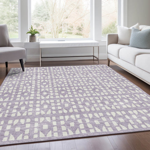 8' X 10' Lavender And Ivory Geometric Washable Area Rug With UV Protection