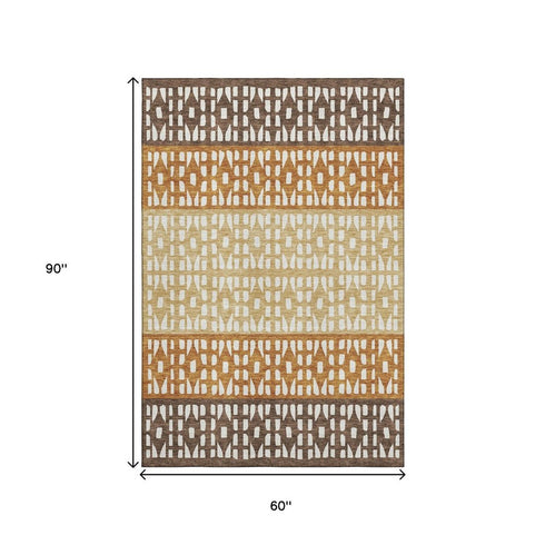 5' X 8' Coffee Copper And Ivory Geometric Washable Area Rug With UV Protection