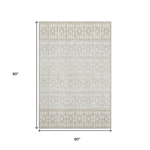 5' X 8' Ivory And Beige Geometric Washable Area Rug With UV Protection