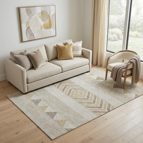 5' X 8' Beige Ivory And Tan Southwestern Washable Area Rug With UV Protection
