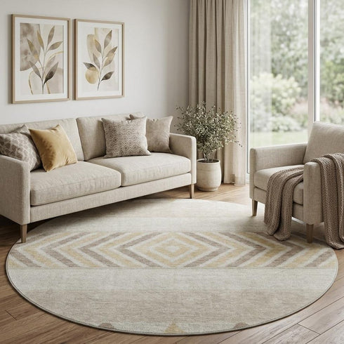 8' Beige Ivory And Tan Southwestern Washable Round Rug With UV Protection