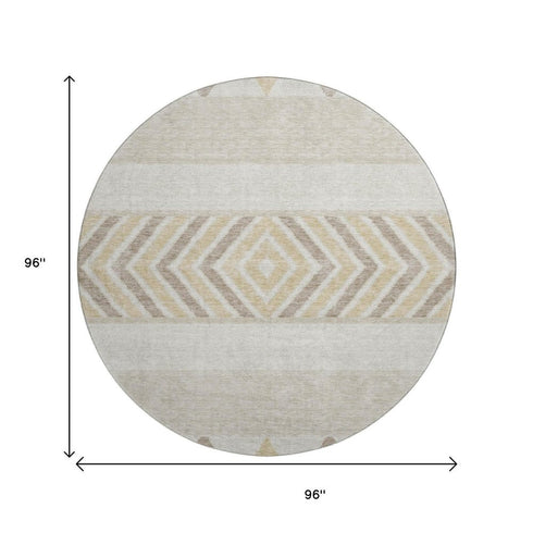 8' Beige Ivory And Tan Southwestern Washable Round Rug With UV Protection
