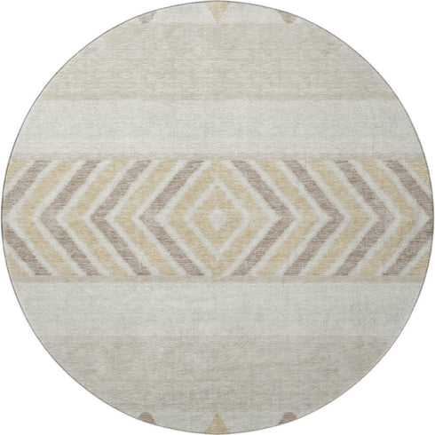 8' Beige Ivory And Tan Southwestern Washable Round Rug With UV Protection