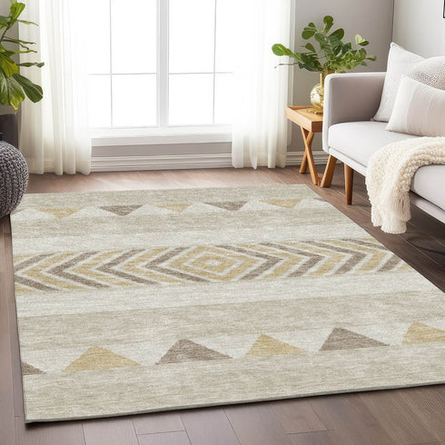 8' X 10' Beige Ivory And Tan Southwestern Washable Area Rug With UV Protection