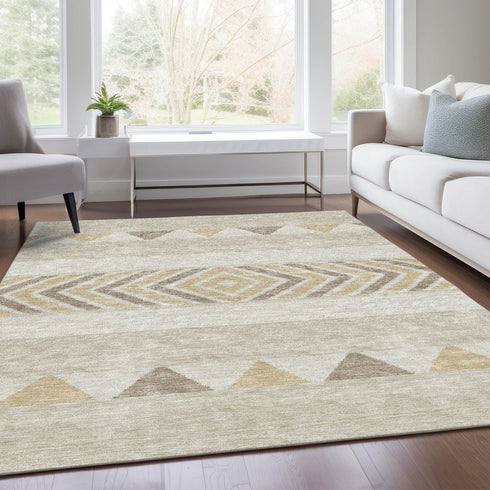 8' X 10' Beige Ivory And Tan Southwestern Washable Area Rug With UV Protection