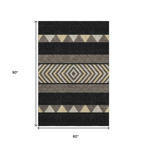 5' X 8' Black Ivory And Wheat Southwestern Washable Area Rug With UV Protection