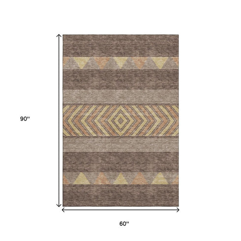 5' X 8' Brown Wheat And Copper Southwestern Washable Area Rug With UV Protection