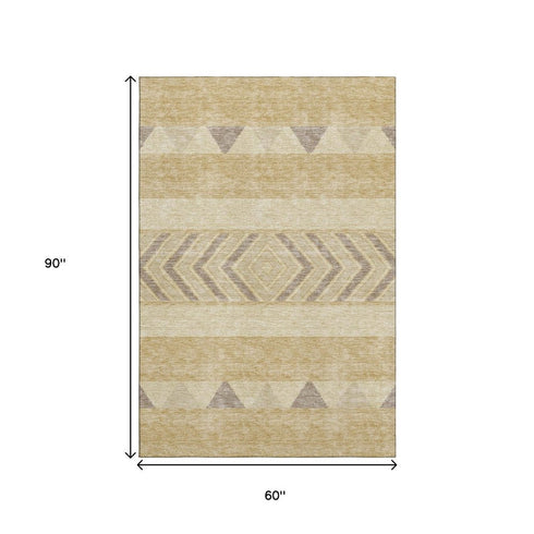 5' X 8' Gold Taupe And Beige Southwestern Washable Area Rug With UV Protection