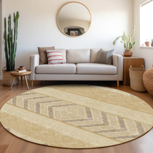 8' Gold Taupe And Beige Southwestern Washable Round Rug With UV Protection