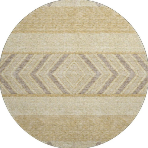8' Gold Taupe And Beige Southwestern Washable Round Rug With UV Protection