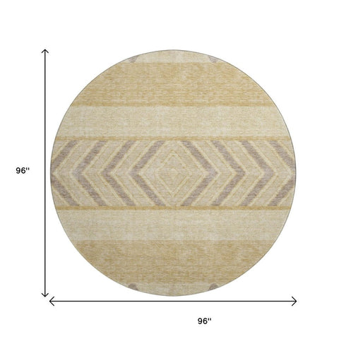 8' Gold Taupe And Beige Southwestern Washable Round Rug With UV Protection