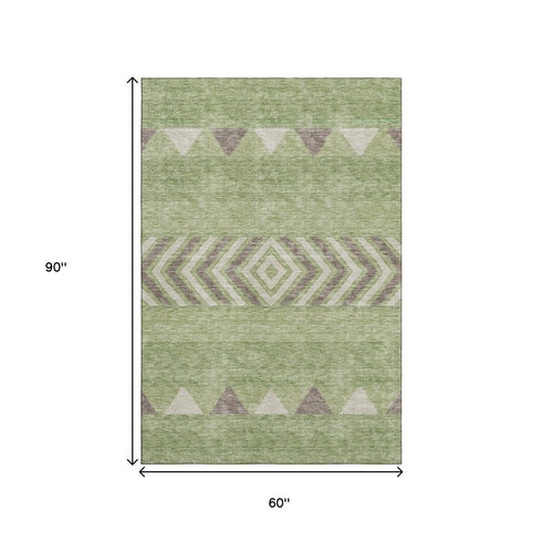 5' X 8' Green Taupe And Ivory Southwestern Washable Area Rug With UV Protection
