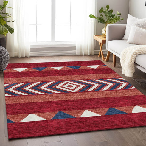 8' X 10' Red White And Navy Blue Southwestern Washable Area Rug With UV Protection