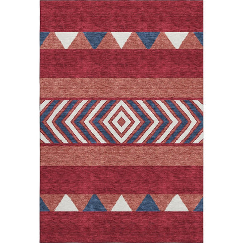 8' X 10' Red White And Navy Blue Southwestern Washable Area Rug With UV Protection