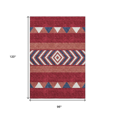 8' X 10' Red White And Navy Blue Southwestern Washable Area Rug With UV Protection