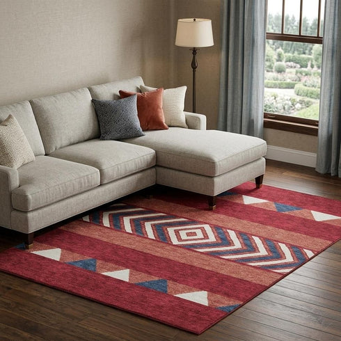 8' X 10' Red White And Navy Blue Southwestern Washable Area Rug With UV Protection