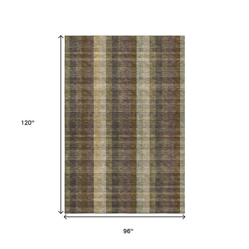 8' X 10' Brown Ivory And Plum Plaid Washable Area Rug With UV Protection