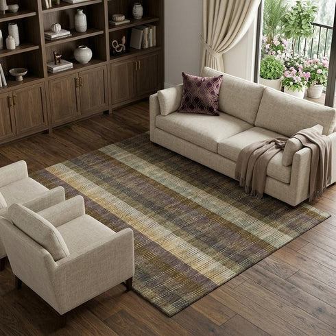 8' X 10' Brown Ivory And Plum Plaid Washable Area Rug With UV Protection