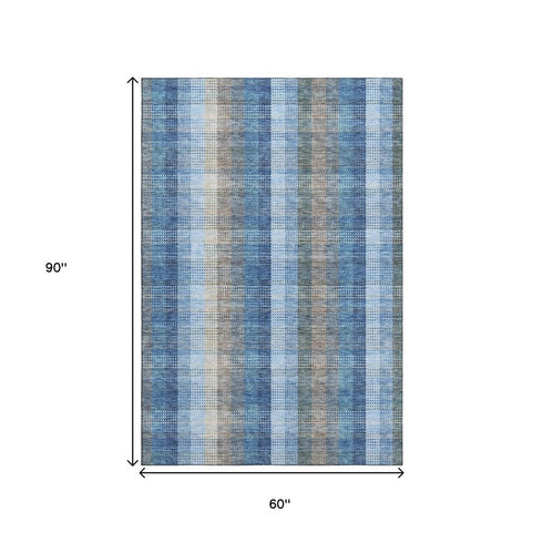 5' X 8' Denim Blue Gray And Beige Plaid Washable Area Rug With UV Protection
