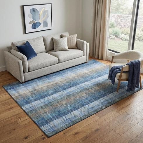 5' X 8' Denim Blue Gray And Beige Plaid Washable Area Rug With UV Protection