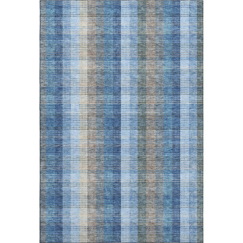 5' X 8' Denim Blue Gray And Beige Plaid Washable Area Rug With UV Protection