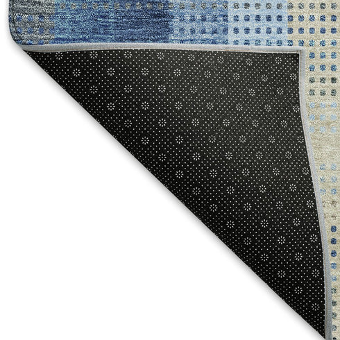 5' X 8' Denim Blue Gray And Beige Plaid Washable Area Rug With UV Protection