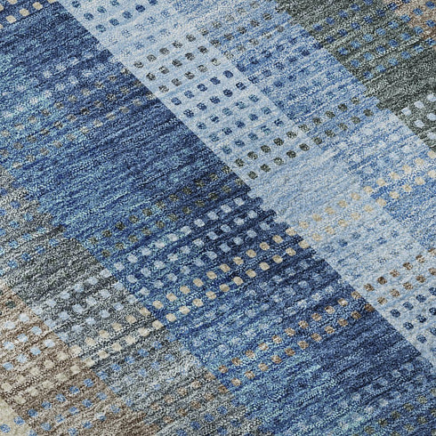 5' X 8' Denim Blue Gray And Beige Plaid Washable Area Rug With UV Protection