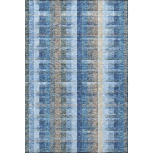 5' X 8' Denim Blue Gray And Beige Plaid Washable Area Rug With UV Protection