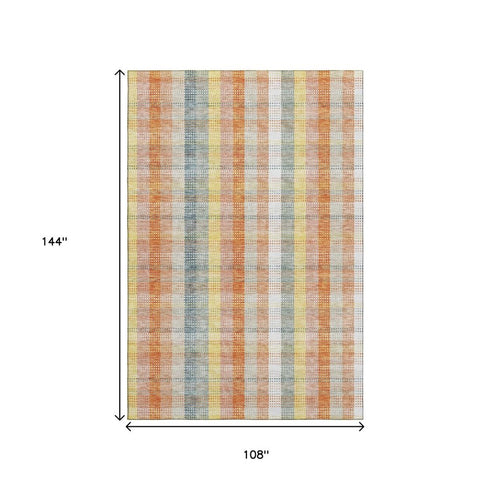 9' X 12' Peach Ivory And Yellow Plaid Washable Area Rug With UV Protection