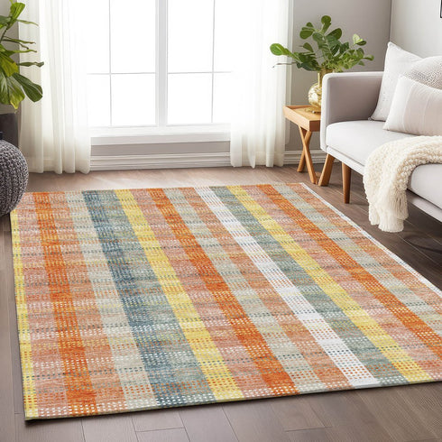 9' X 12' Peach Ivory And Yellow Plaid Washable Area Rug With UV Protection