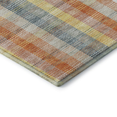9' X 12' Peach Ivory And Yellow Plaid Washable Area Rug With UV Protection