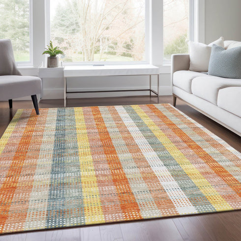 9' X 12' Peach Ivory And Yellow Plaid Washable Area Rug With UV Protection