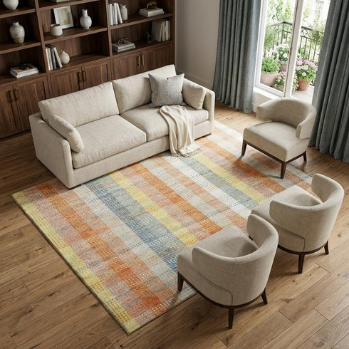 9' X 12' Peach Ivory And Yellow Plaid Washable Area Rug With UV Protection