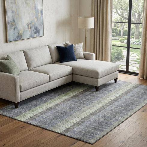 8' X 10' Pewter Gray And Green Plaid Washable Area Rug With UV Protection