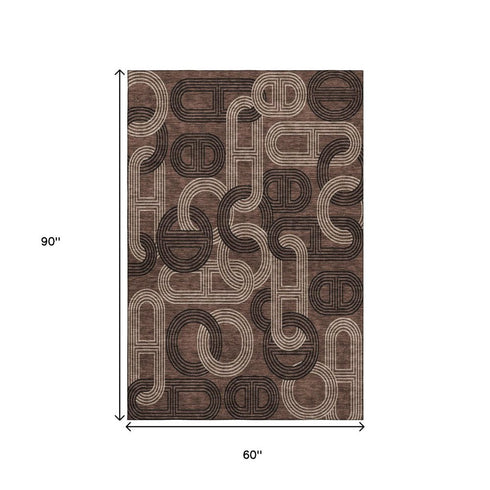 5' X 8' Chocolate Black And Beige Geometric Washable Area Rug With UV Protection