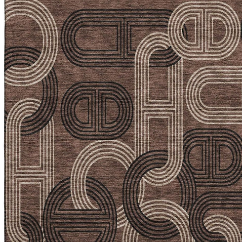 5' X 8' Chocolate Black And Beige Geometric Washable Area Rug With UV Protection