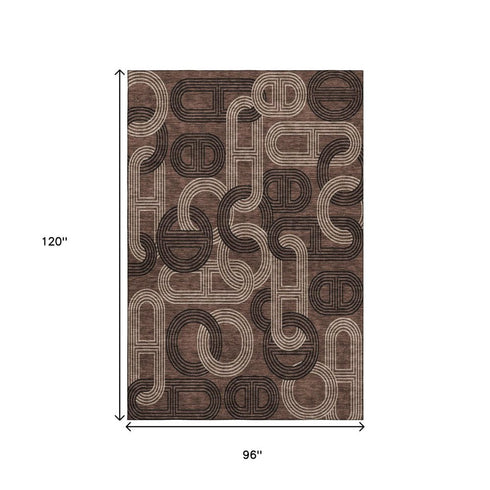 8' X 10' Chocolate Black And Beige Geometric Washable Area Rug With UV Protection