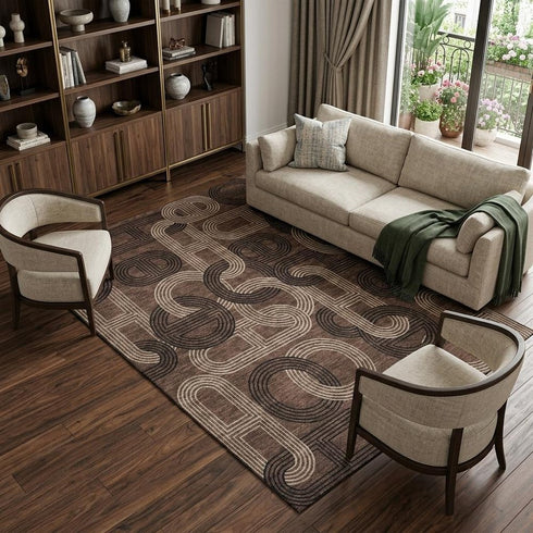 8' X 10' Chocolate Black And Beige Geometric Washable Area Rug With UV Protection