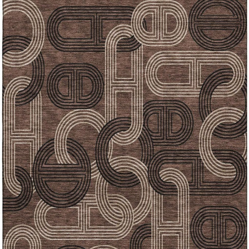 8' X 10' Chocolate Black And Beige Geometric Washable Area Rug With UV Protection