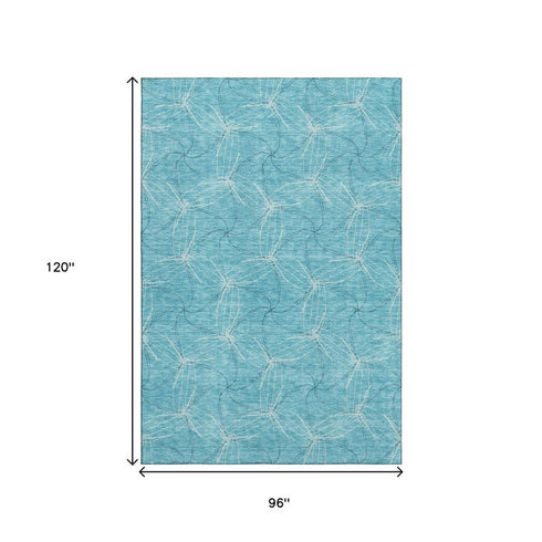 8' X 10' Aqua And Ivory Geometric Washable Area Rug With UV Protection