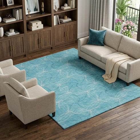 8' X 10' Aqua And Ivory Geometric Washable Area Rug With UV Protection