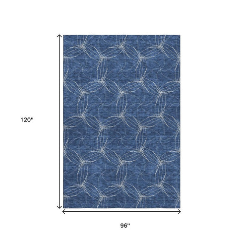 8' X 10' Navy Blue And Ivory Geometric Washable Area Rug With UV Protection
