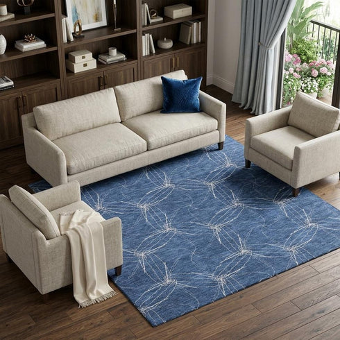 8' X 10' Navy Blue And Ivory Geometric Washable Area Rug With UV Protection