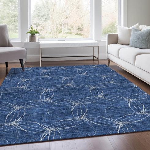 8' X 10' Navy Blue And Ivory Geometric Washable Area Rug With UV Protection