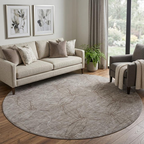 8' Taupe And Ivory Geometric Washable Round Rug With UV Protection