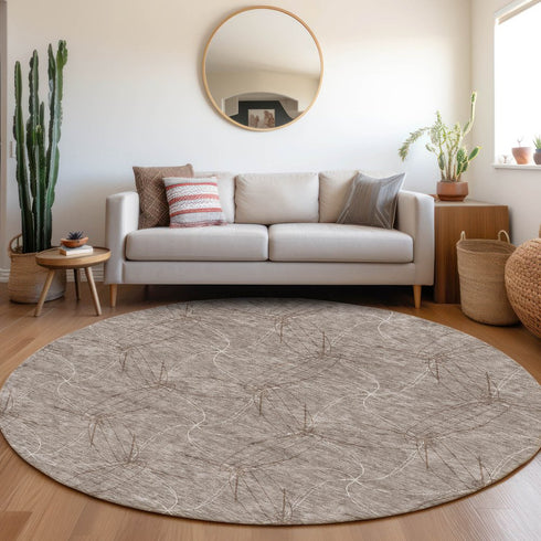 8' Taupe And Ivory Geometric Washable Round Rug With UV Protection