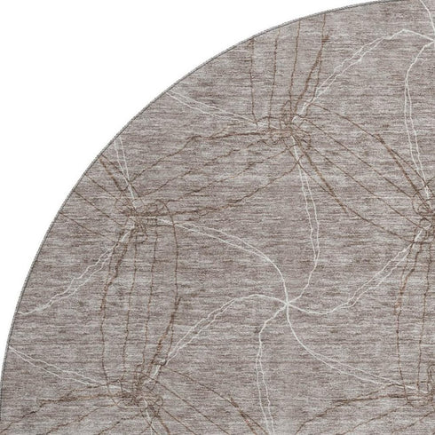 8' Taupe And Ivory Geometric Washable Round Rug With UV Protection